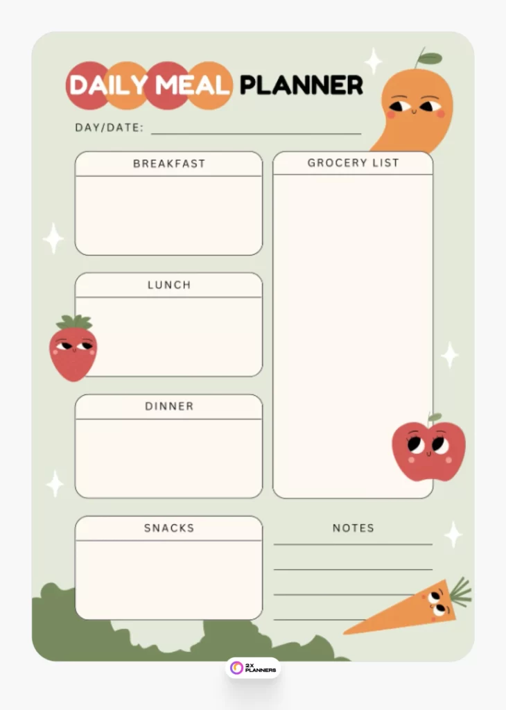 Green Cute Illustrative Daily Meal Planner