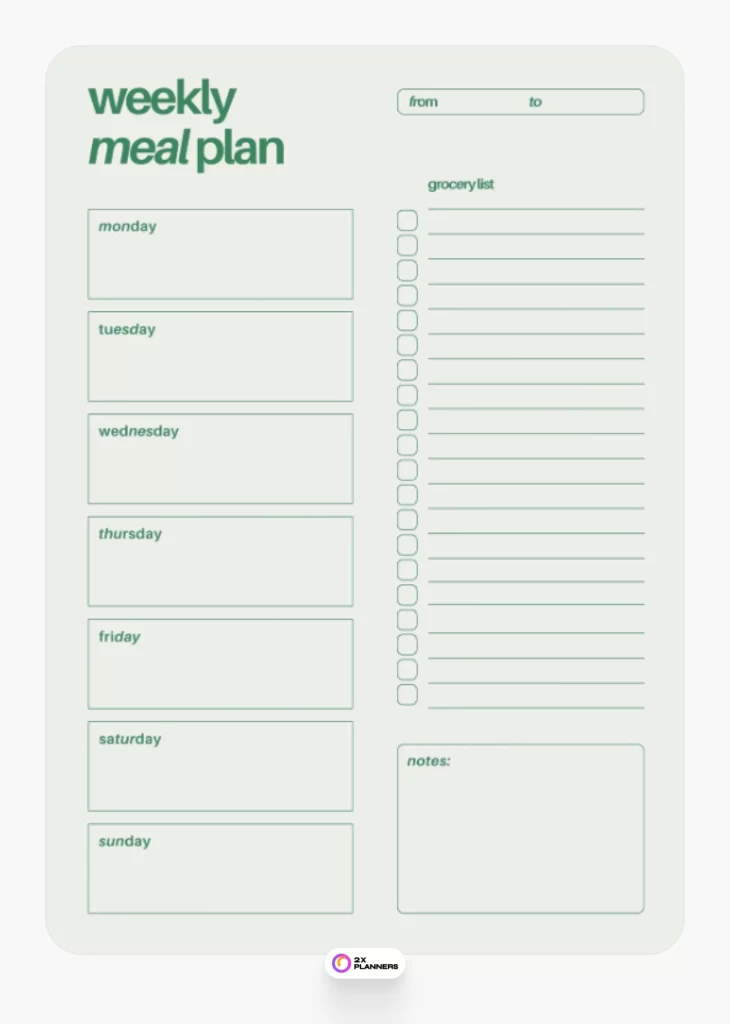 Green Minimalistic Simple Weekly Meal Plan Document A4