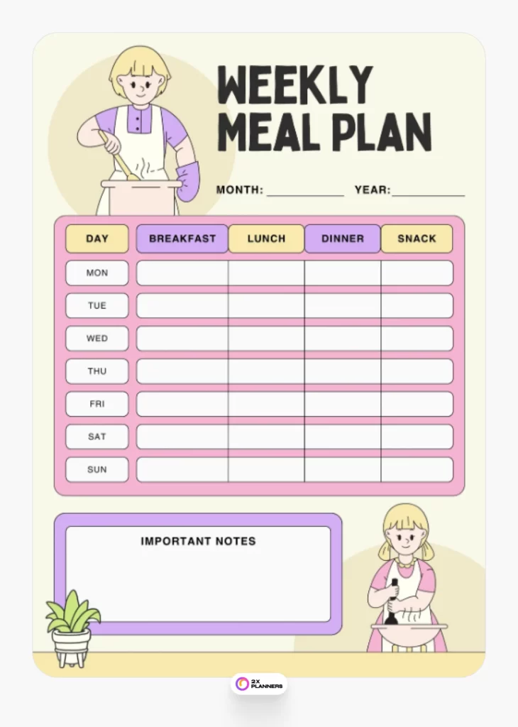 Yellow Pink Illustrative Weekly Meal Planner