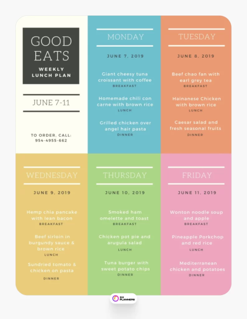 Colorful Boxes Weekly Meal Planner Menu