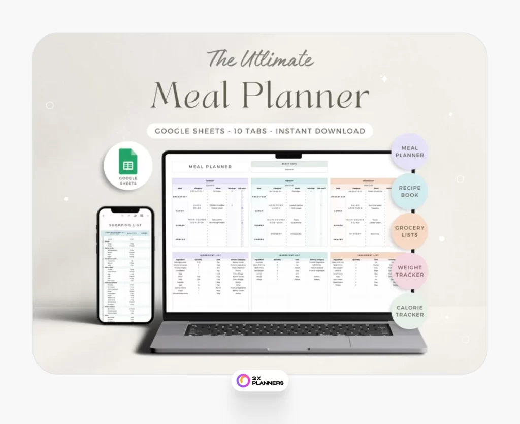 Weekly Meal Planner and Recipe Journal Google Sheets