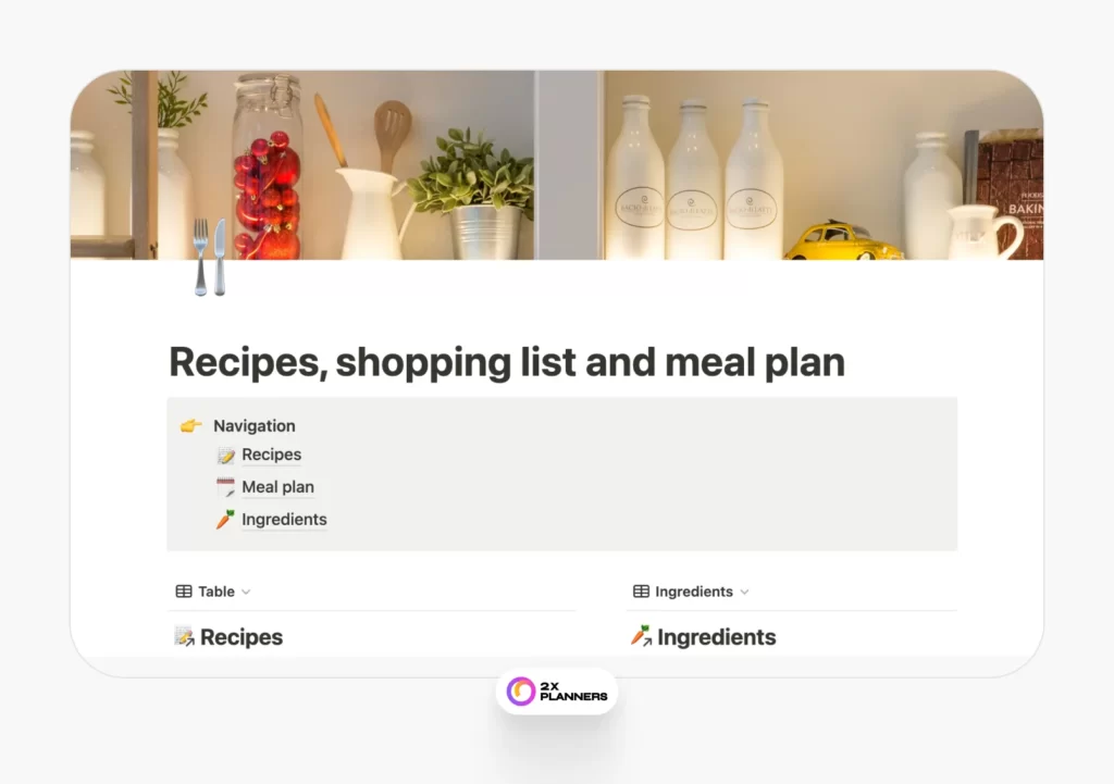 Notion Recipes, Shopping List and Meal Plan