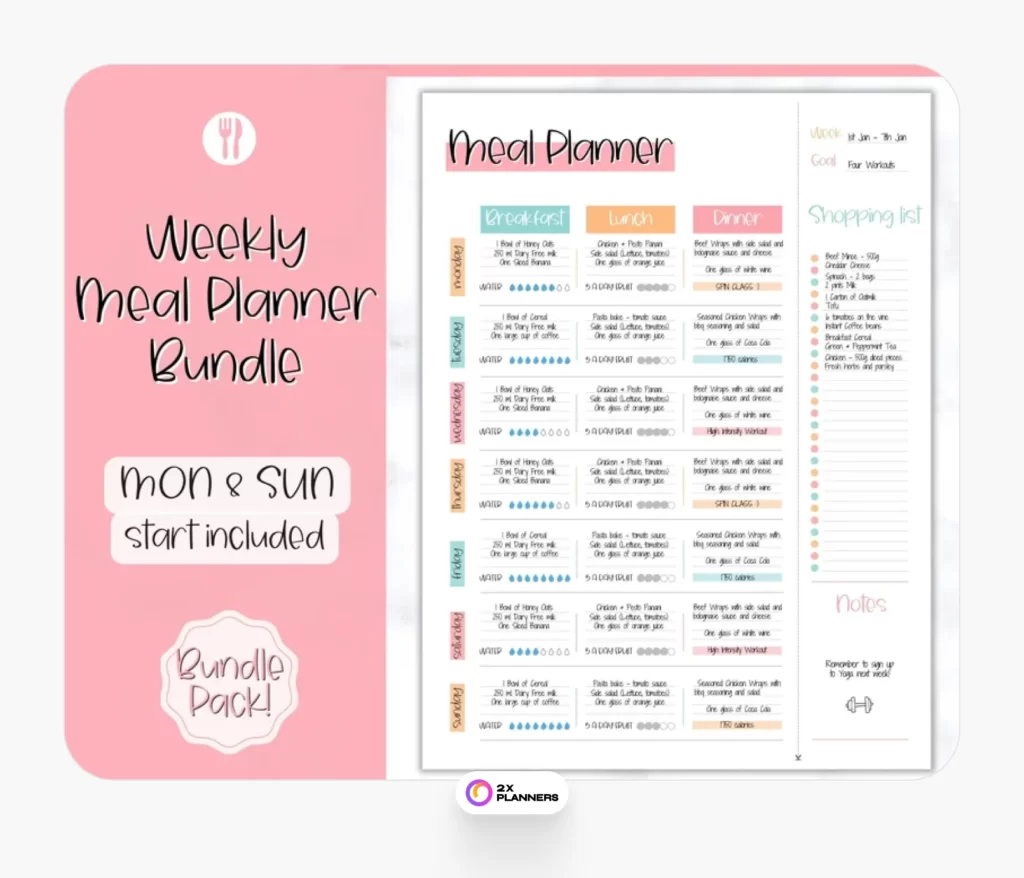 Weekly Meal Planner and Food Diary Printable Bundle