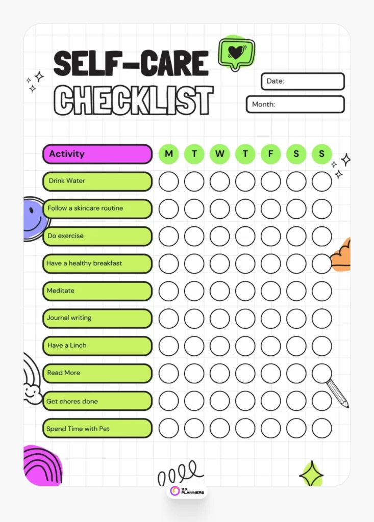 Black White Creative Doodle Self-care Checklist Planner