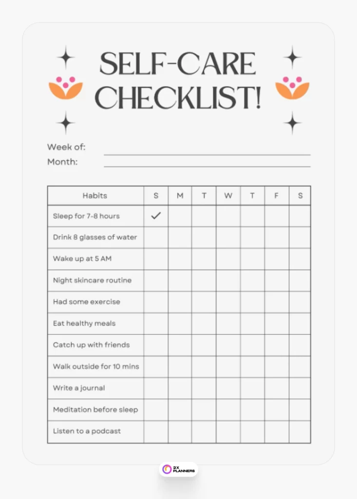 Grey Black Simple Illustrative Self-Care Checklist Planner