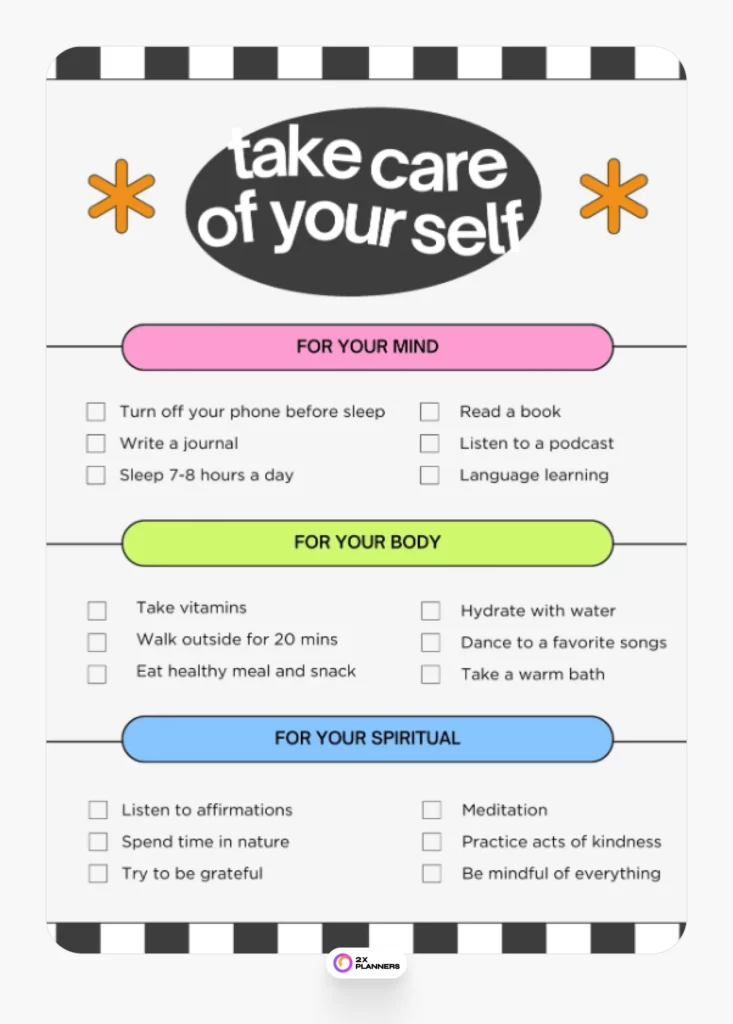 Black Grey Bold Illustrative Self-Care Checklist Planner