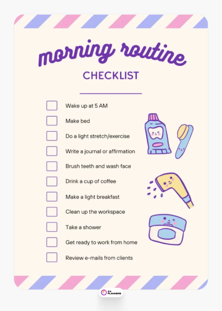 Cream Blue Cute Illustrative Morning Routine Checklist Planner