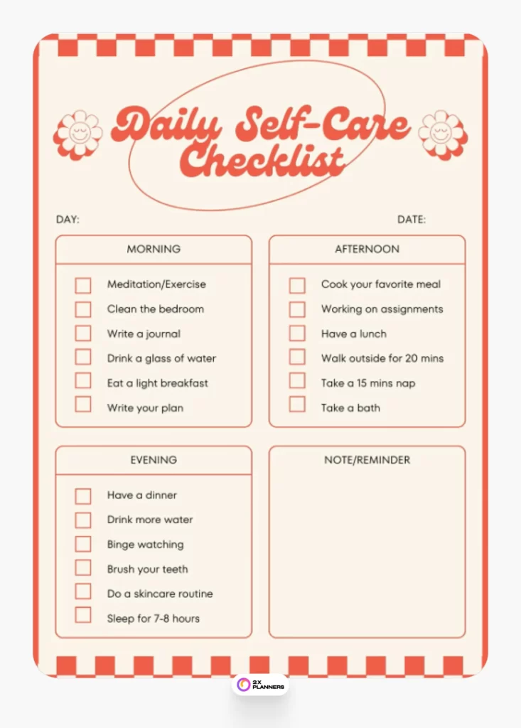 Red Playful Simple Daily Self-care Checklist Planner