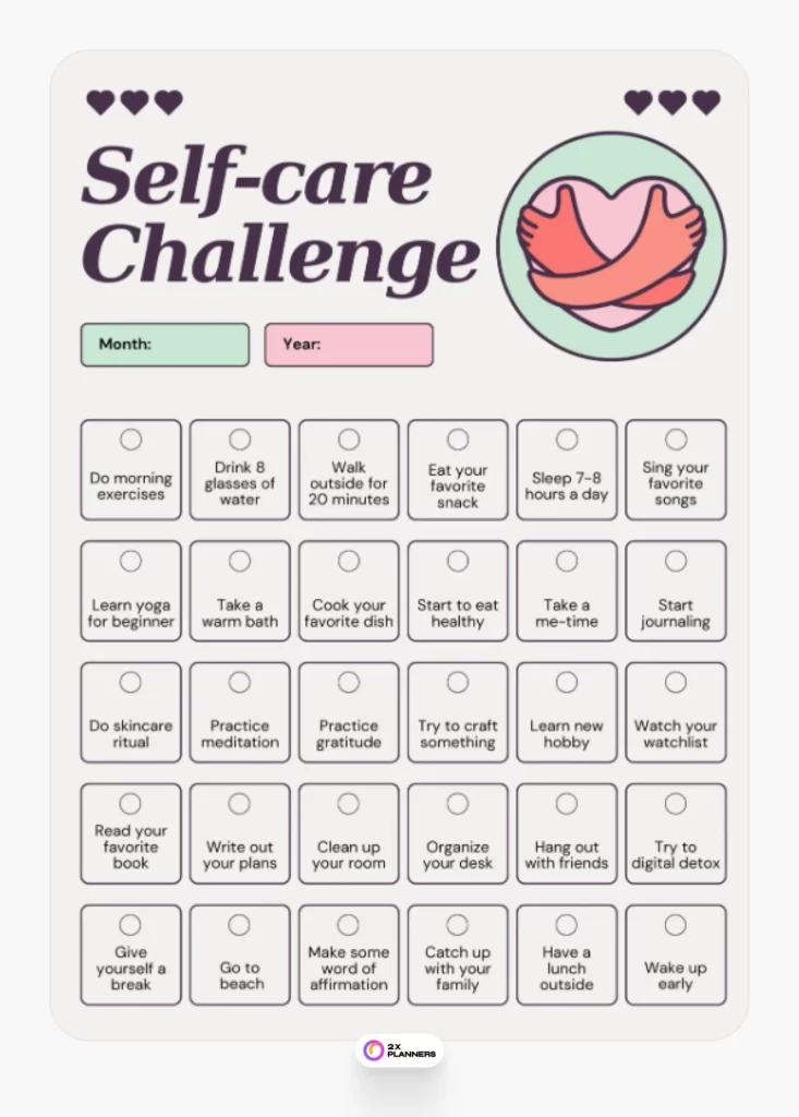 Beige Green Simple Illustrative Self-Care Challange Planner