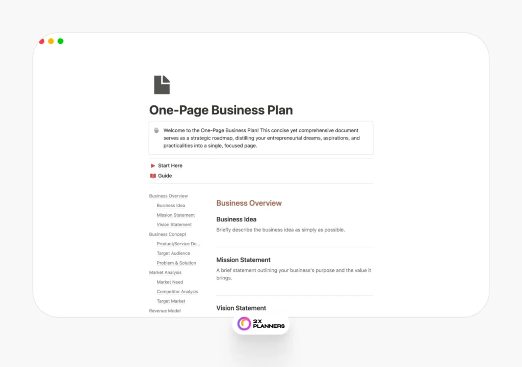 Notion One-Page Business Plan