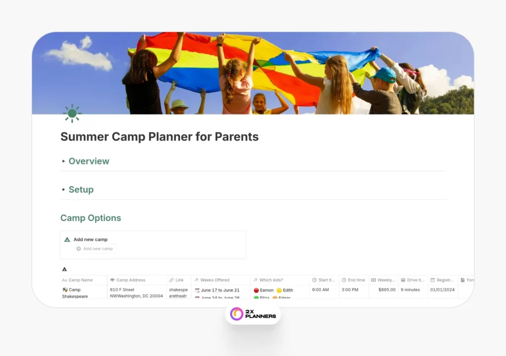 Summer Camp Planner for Parents