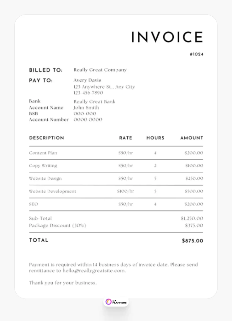 Black White Minimalist Simple Creative Freelancer Invoice