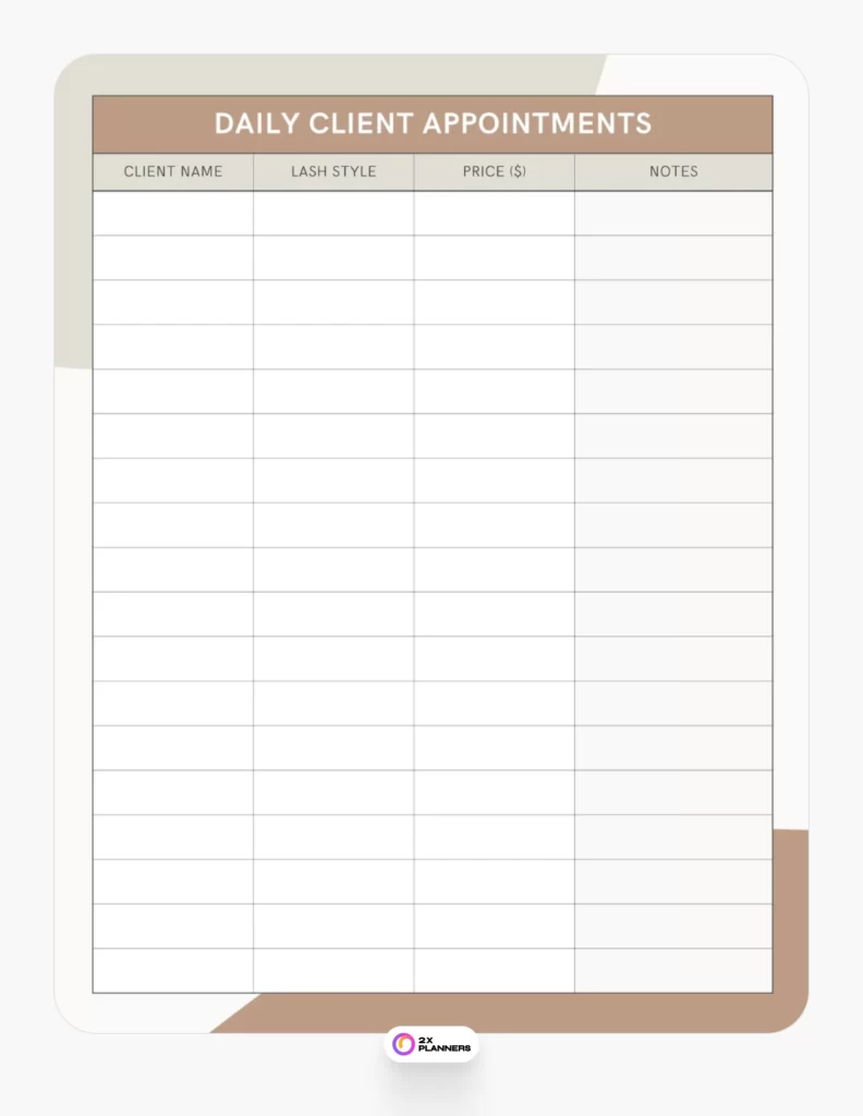 Beige and Brown Simple Client Appointment Tracking US Letter Document for Canva