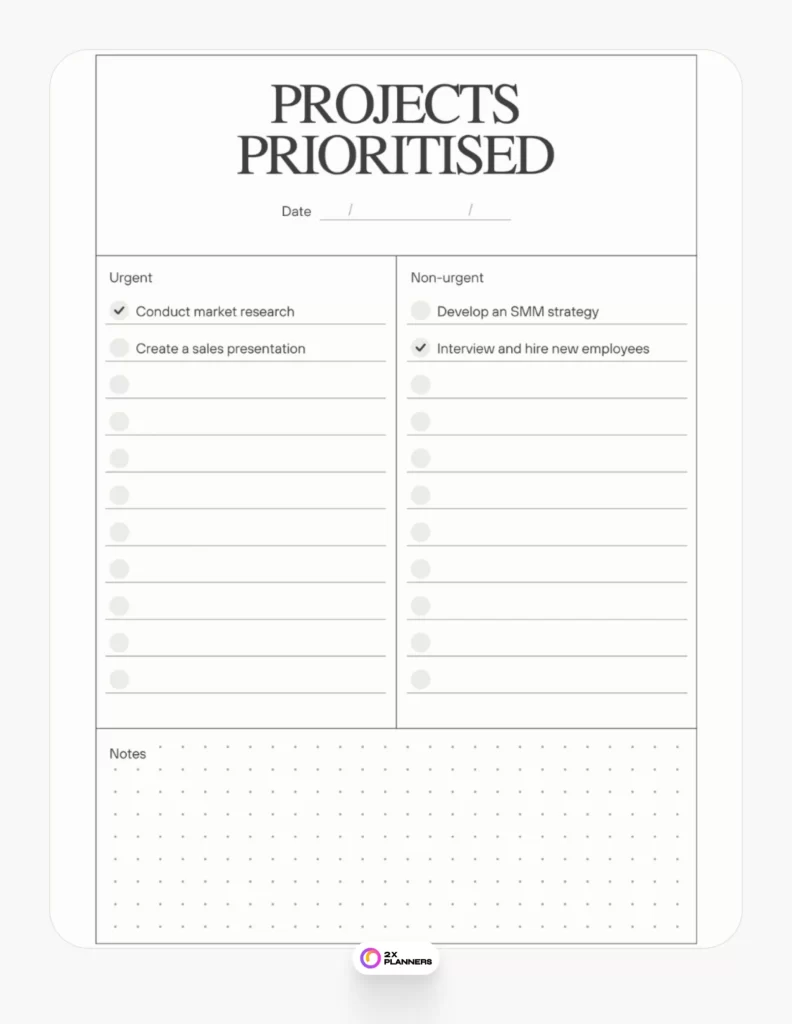 Canva Black and White Minimalist Projects Prioritization Planner Document