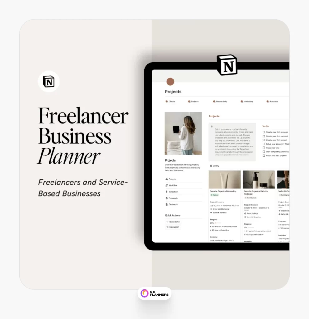 Freelancer Notion Template and Service Based Business Dashboard and Work Planner