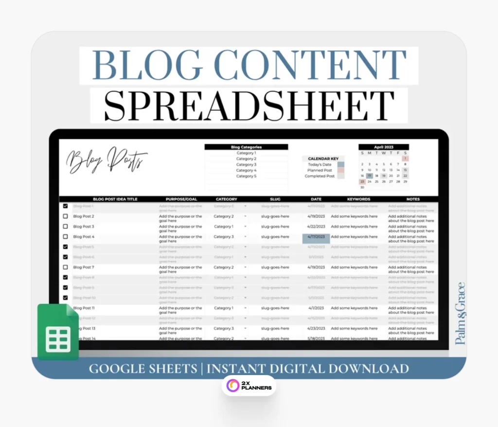 Blog Planner Google Sheets