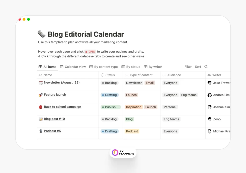 Blog Editorial Calendar