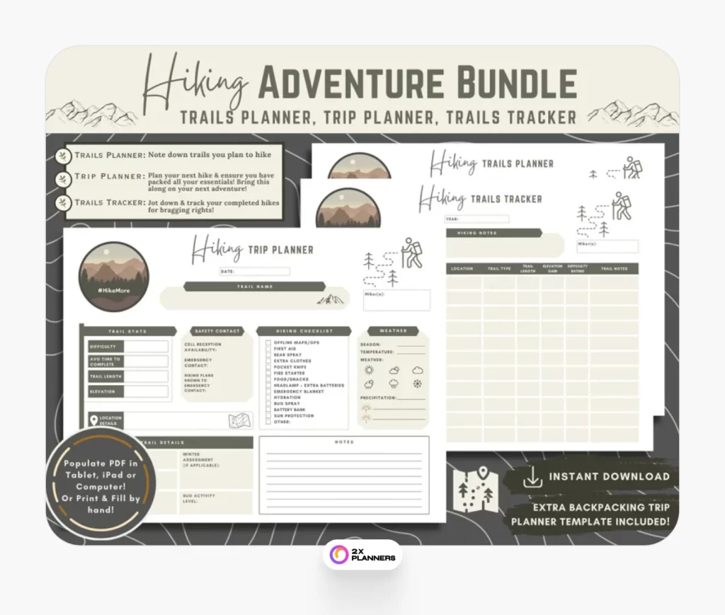 Digital Hiking Adventure Planner & Tracker Bundle