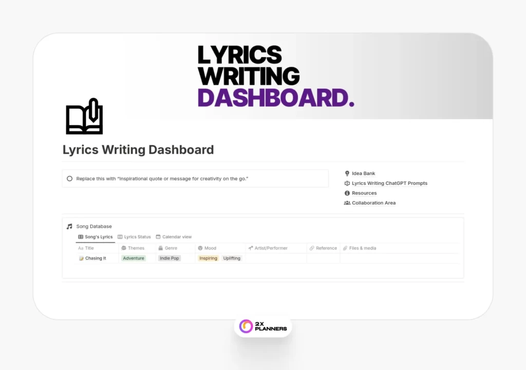 Notion Lyrics Writing Dashboard