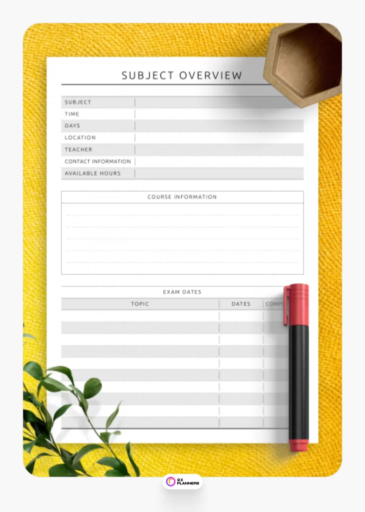 Student Subject Overview Template