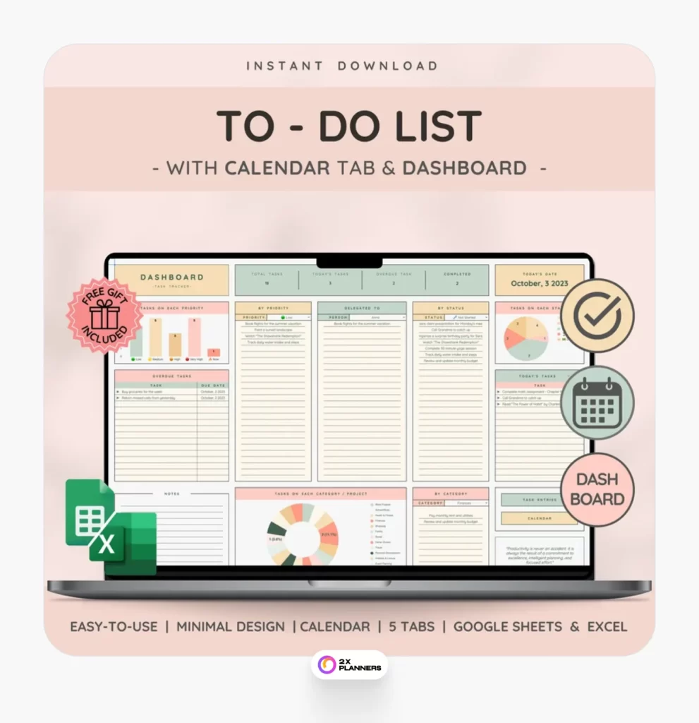 Google Sheets and Excel To Do List, Task Tracker, and Productivity Planner