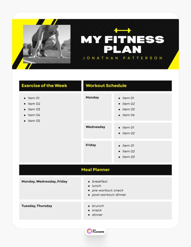 Canva Workout Planner Doc in Black Neon Yellow Style