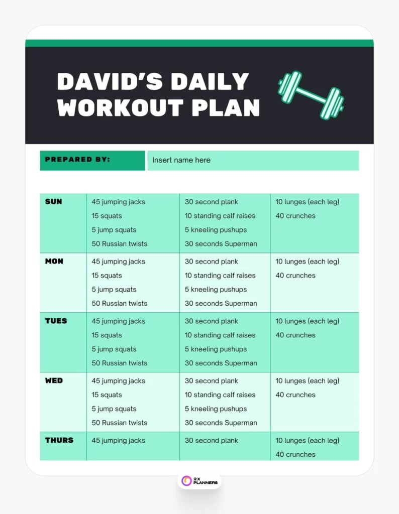 Canva Workout Planner Doc in Seafoam Green Aqua Black Style