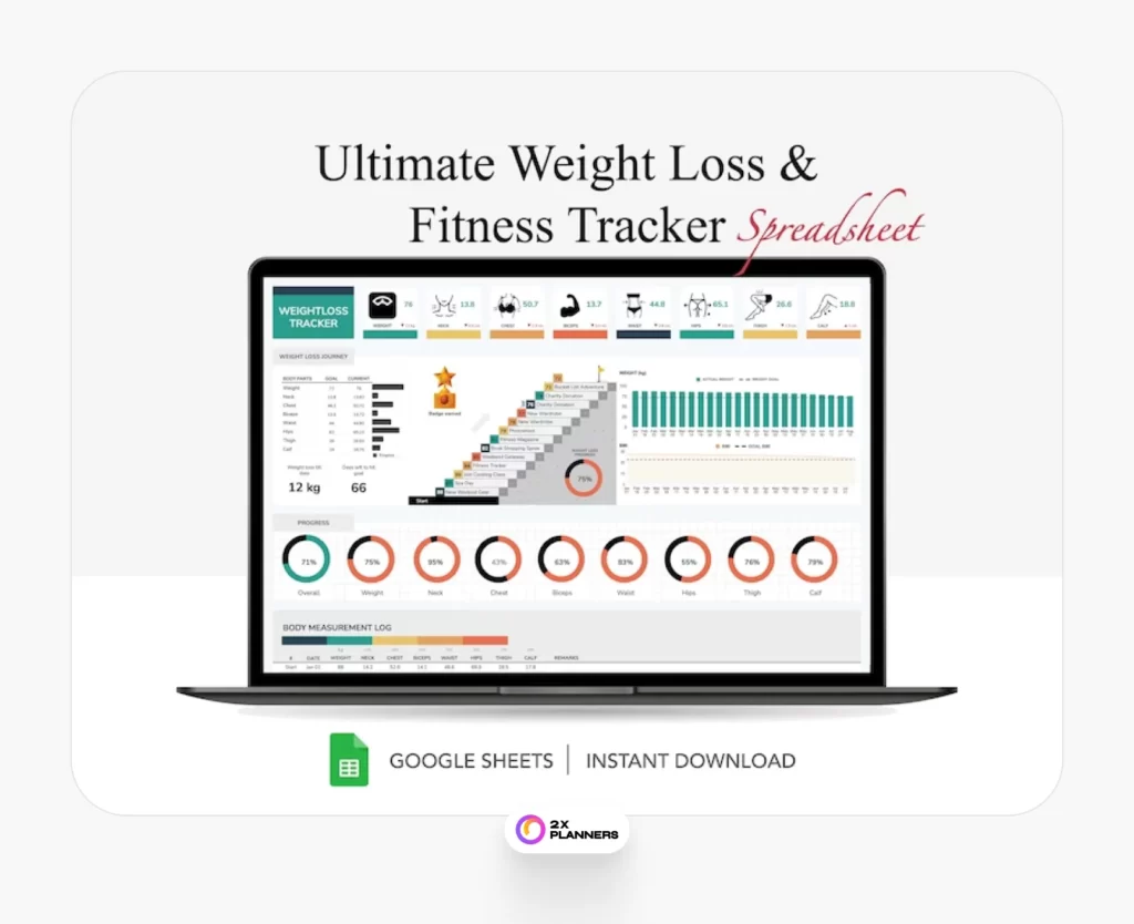 Weight Loss & Fitness Tracker Spreadsheet for Google Sheets, Meal Planner, Calorie Tracker, Digital Workout Planner, Body Measurement Chart