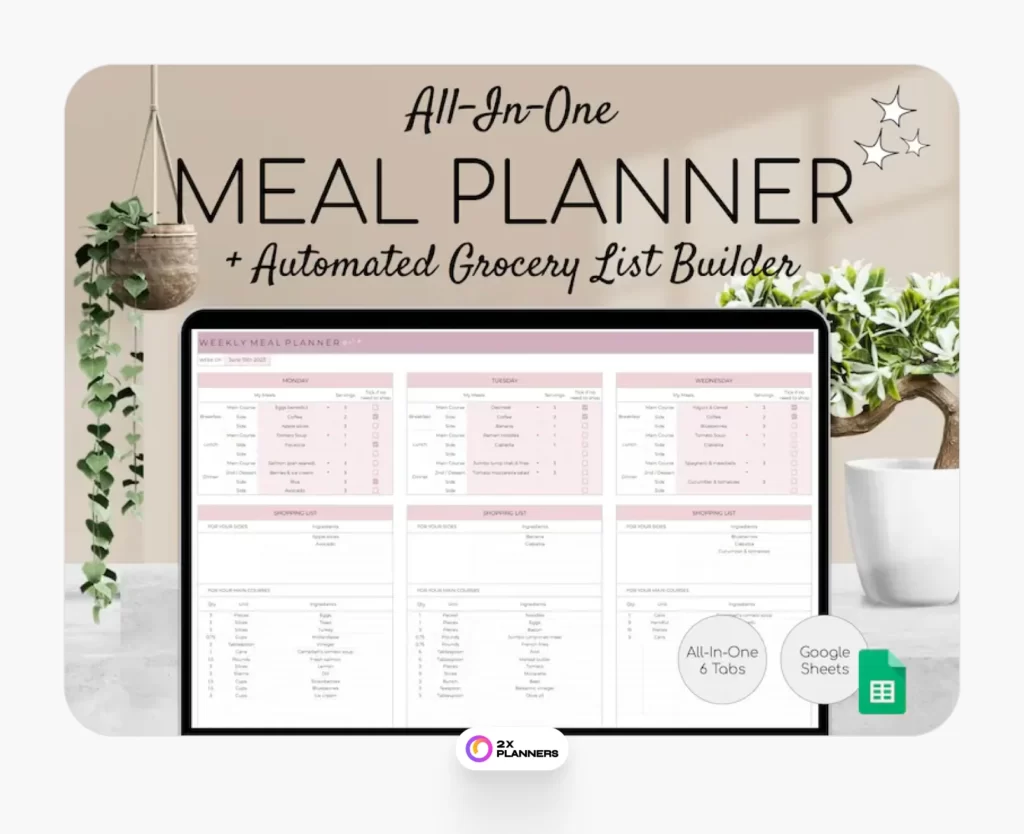 Weekly Meal Planner and Grocery List Google Sheets Digital Template