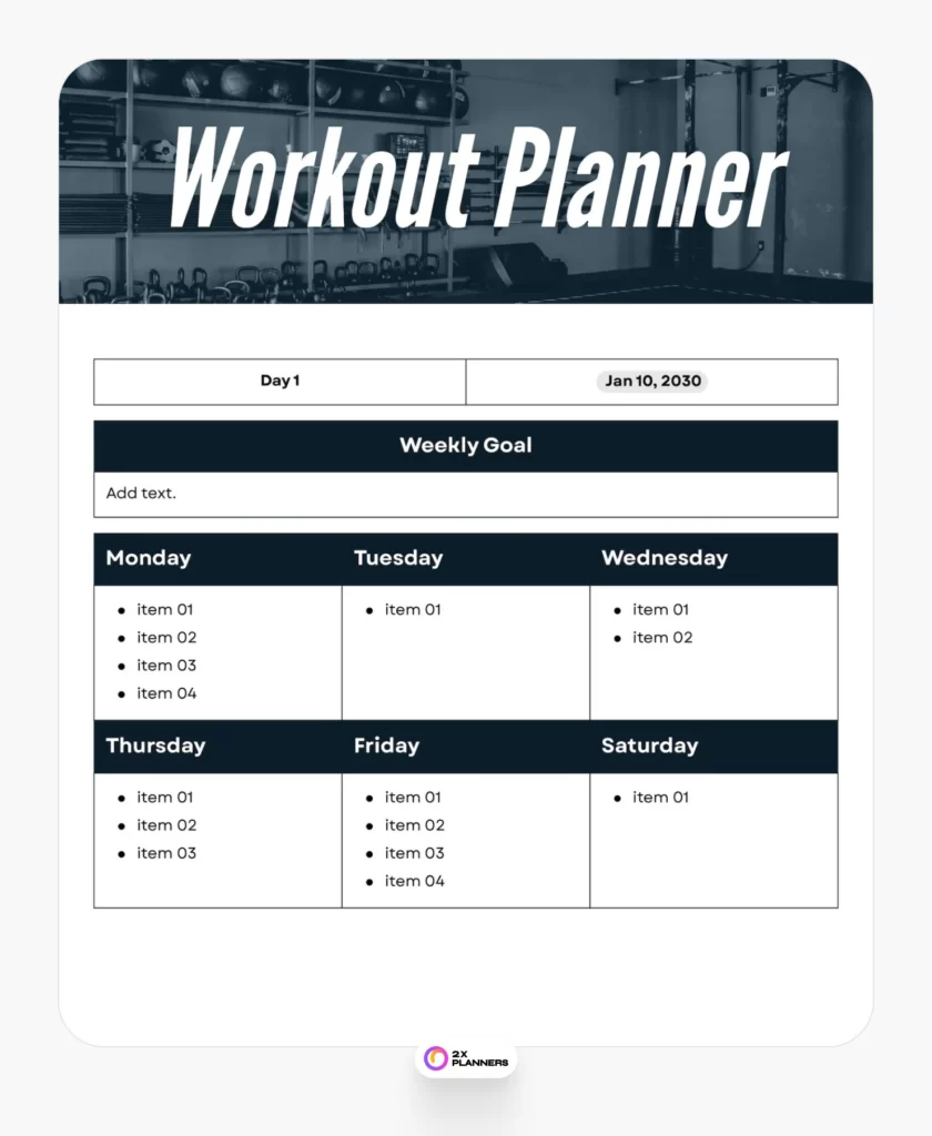 Canva Workout Planner Doc in Navy Black and White Style