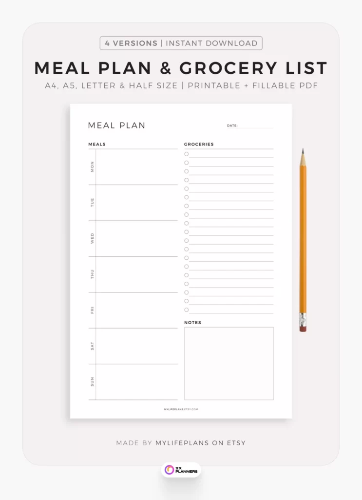 Printable Weekly Meal Planner with Grocery List