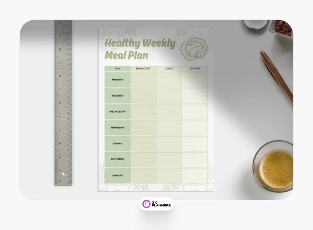 Green and White Illustrative Healthy Weekly Meal Planner