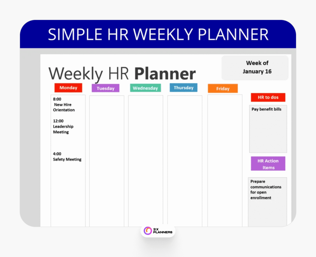 Simple HR Weekly Planner: Editable & Colorful Word Calendar