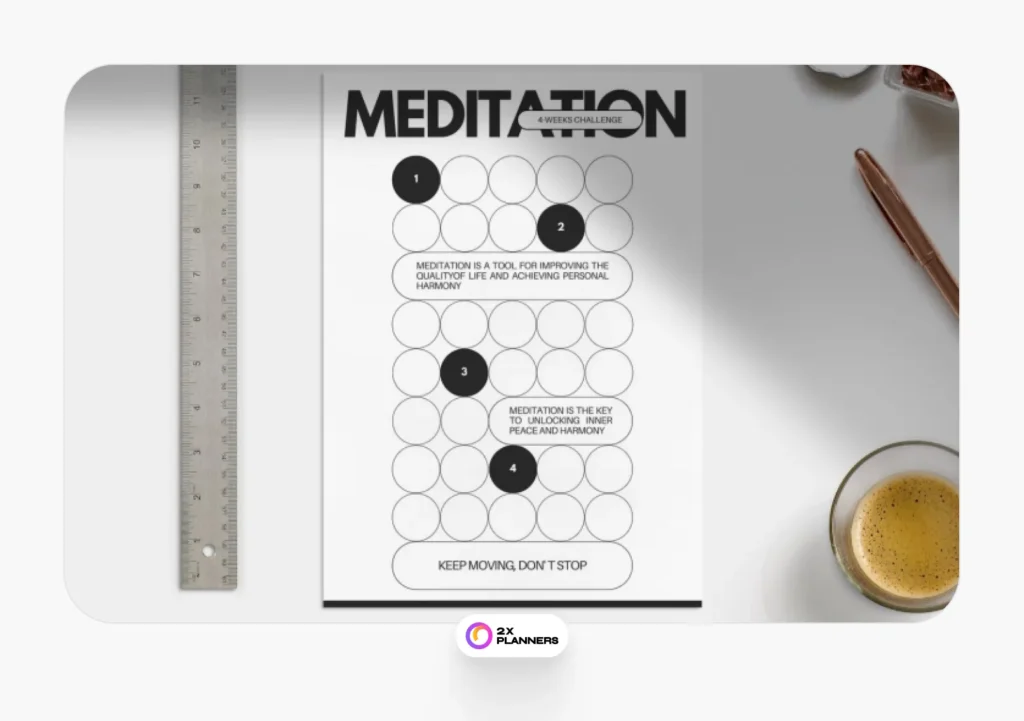 Black and White Minimalist Modern Meditation Tracker Challenge Printable Planner