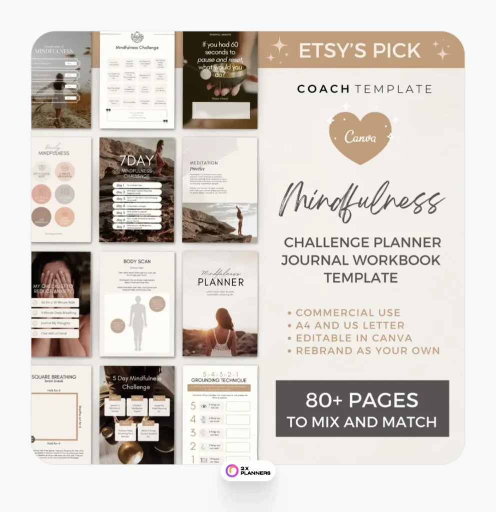 Editable Mindfulness Challenge Planner Journal Canva Template