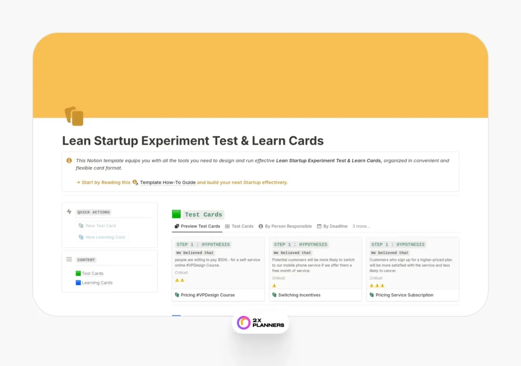 Lean Startup Experiment Test & Learn Cards
