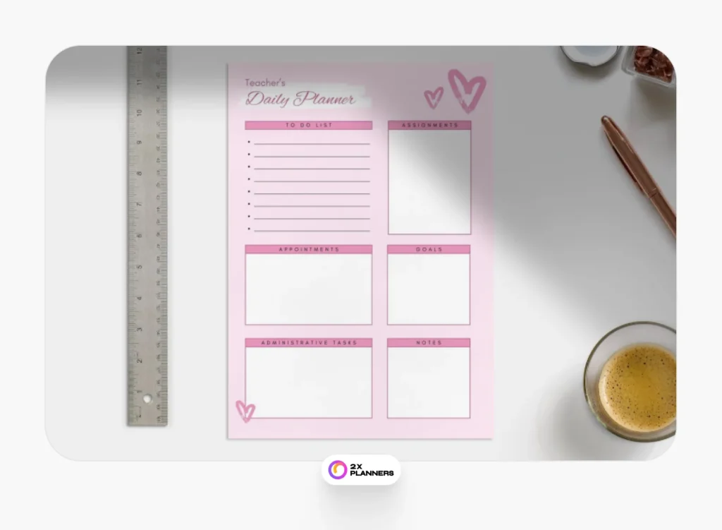 Teacher's Daily Planner Document in Pink And White Cute Style