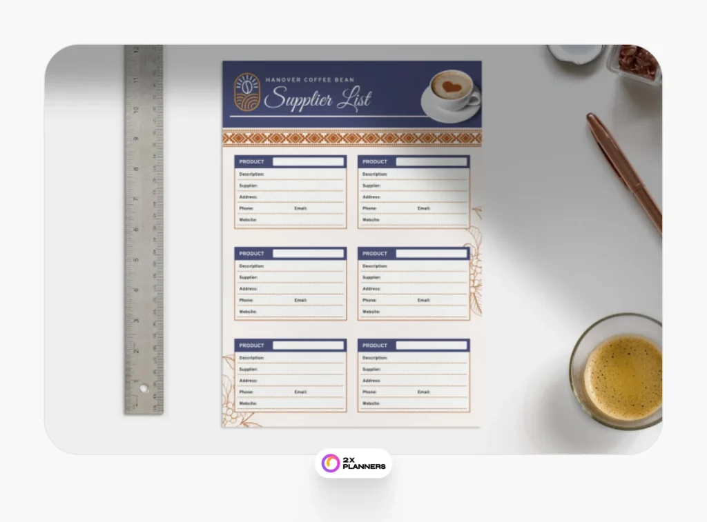 Orange and Blue Minimalist Coffee Shop Supplier List Planner
