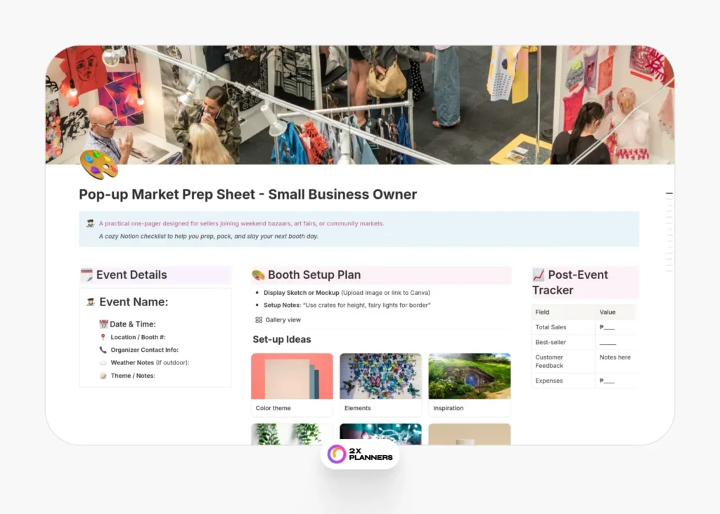 Pop-up Market Prep Sheet - Small Business Owner