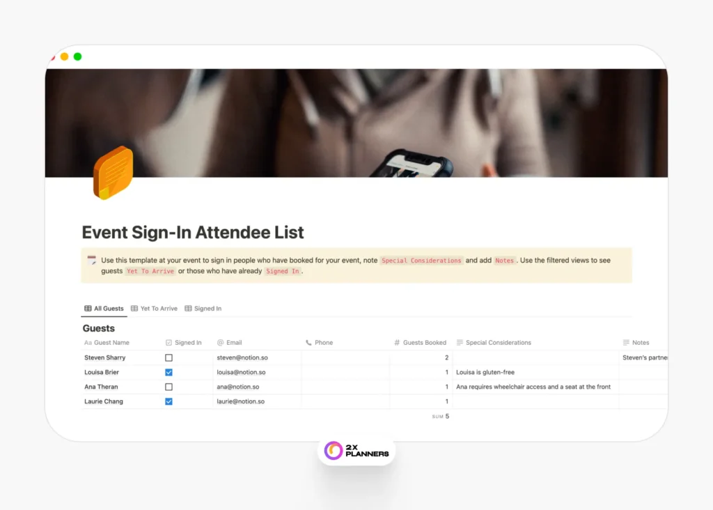 Event Sign-In Attendee List