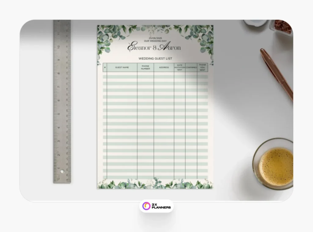 Beige Green Rustic Floral Wedding Guest List A4