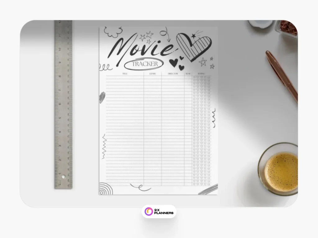Black and White Cheerful Doodle Illustration Movie Tracker Planner