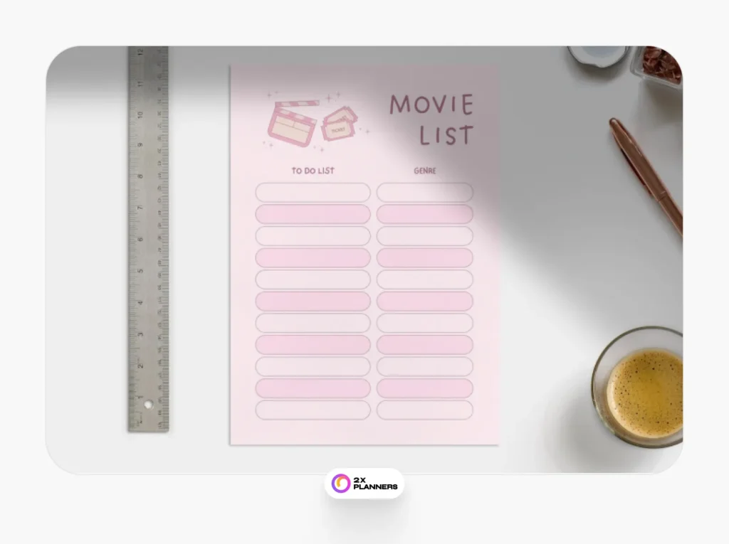 Pink and Cream Girly Movie List Planner
