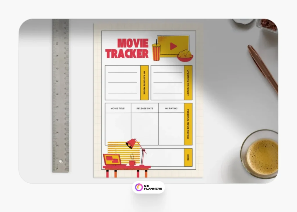 Red Orange Vibrant Bold Illustration Movie Tracker Planner