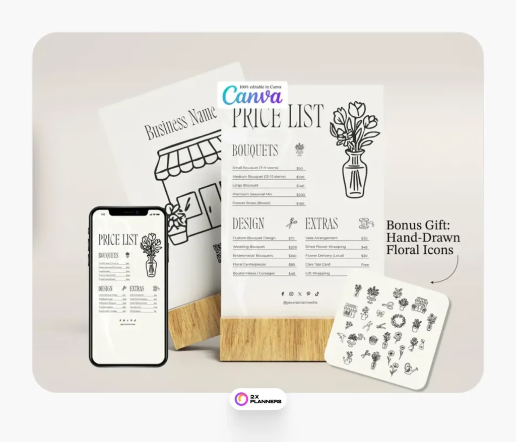 Editable Florist Price List: Minimalist Flower Shop Menu