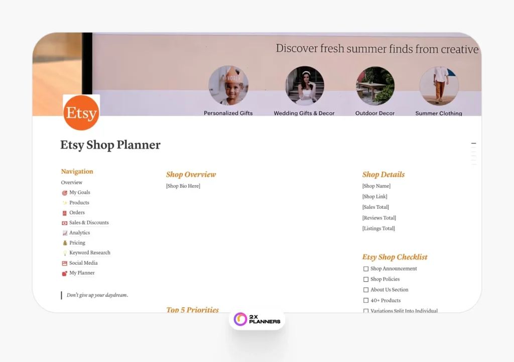 Etsy Shop Planner
