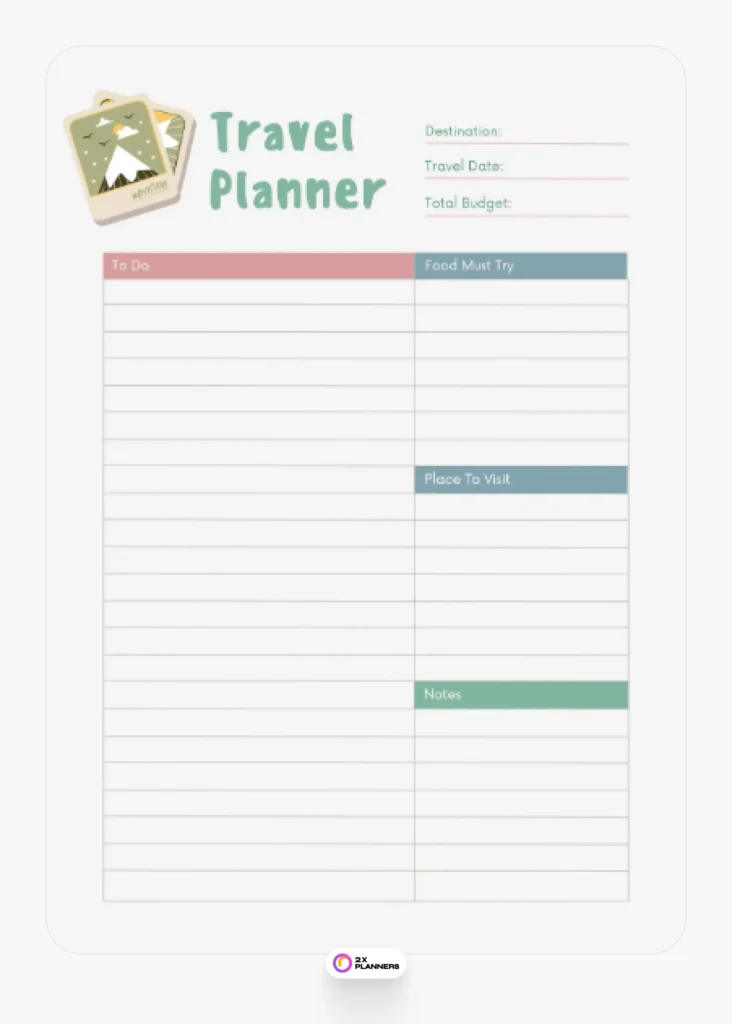 Colorful Minimalist Travel Planner A4