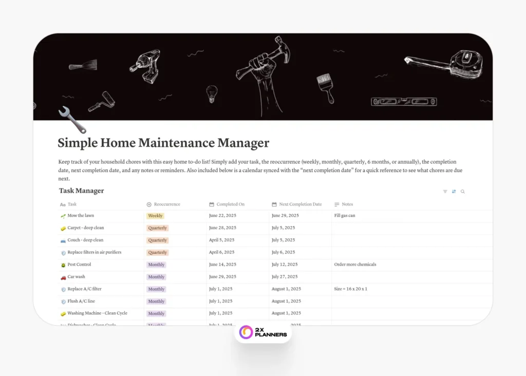 Simple Home Maintenance Manager + Calendar