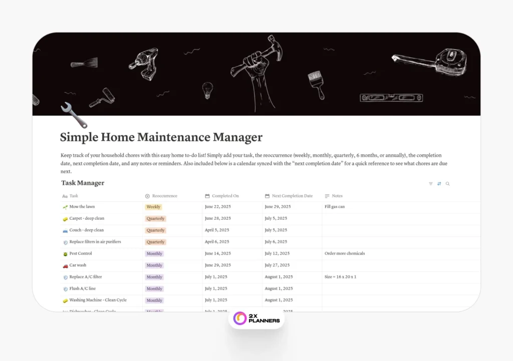 Simple Home Maintenance Manager + Calendar