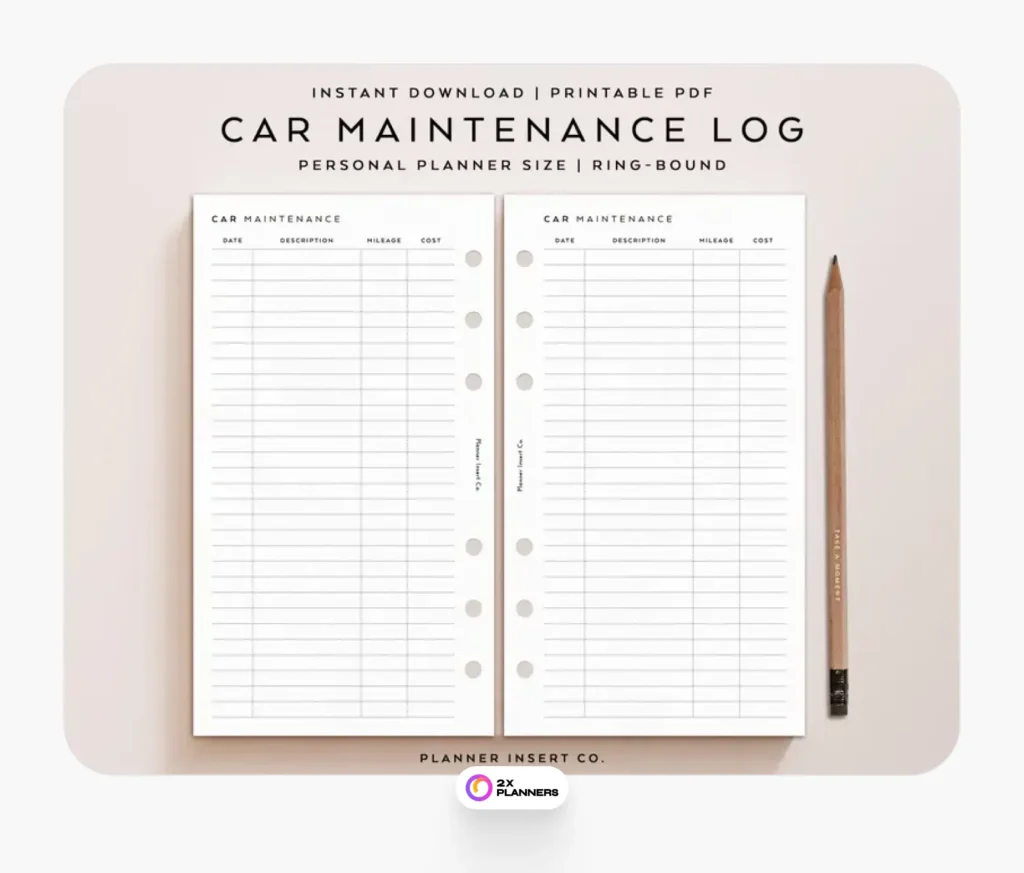 Car Maintenance Tracker Planner Printable Insert